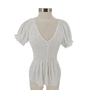 Jun & Ivy Smocked Peplum Top White Eyelet Short Sleeve V Neck Shirt Small